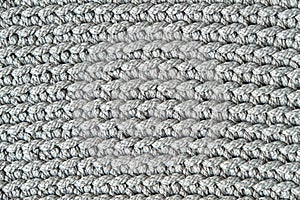 Gray knitted fabric texture background. Top view. Copy, empty space for text