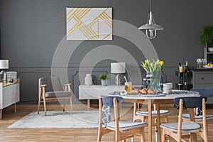 Gray living and dining area