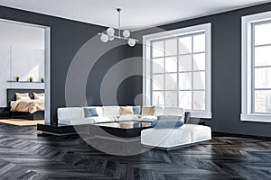 Gray living room and bedroom corner