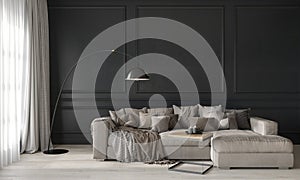Gray living room with a beige cozy sofa