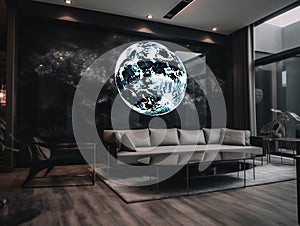 A gray living room in dramatic lighting filled with modern brown leather furniture and a moon painting. AI generated, AI