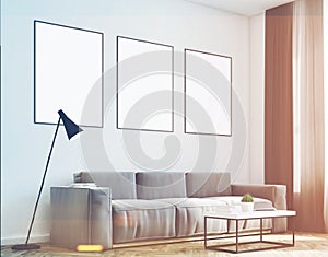 Gray living room with posters, side, toned