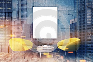 Gray living room, yellow armchairs, poster toned