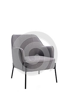 Gray luxury soft classical armchair with black metal legs for home, cafe and office, isolated on white background with clipping