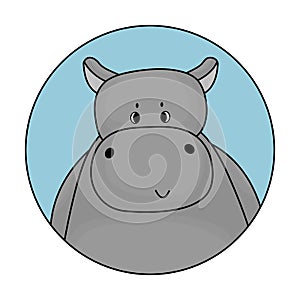 Gray male cartoon hippo is smiling. Avatar with blue background is isolated