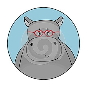 Gray male cartoon hippo is smiling. Avatar with blue background is isolated. Heart shaped glasses for valentines day are on the