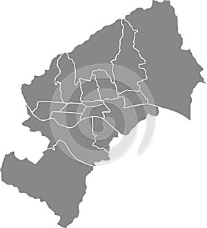 Gray map of districts of Zagreb, Croatia
