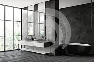 Gray marble bathroom corner with tub and double sink