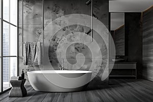 Gray marble and wooden bathroom interior with tub and sink