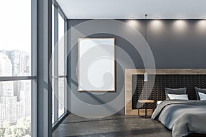 Gray master bedroom interior with poster