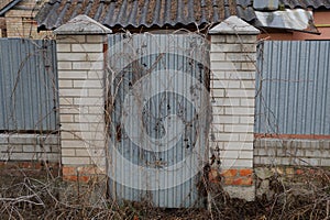 Gray metal door and brick fence overgrown with dry vegetation