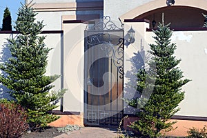 Gray metal door and white concrete fence on the street with green coniferous trees