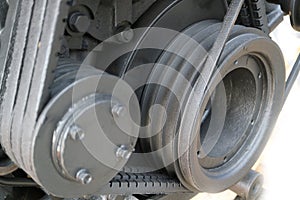 Gray metal pulleys of multi-row V-belt drive