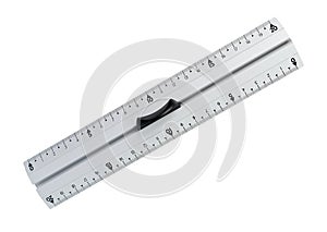 Gray metal ruler with handle. Measuring instrument