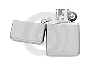 Gray metallic cigarette lighter isolated on white, top view