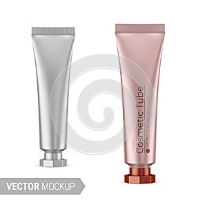 Gray metallic plastic cosmetic tube mockup. Vector illustration.
