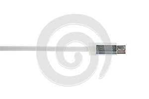 Gray micro usb connector cable on white isolated background. Horizontal frame