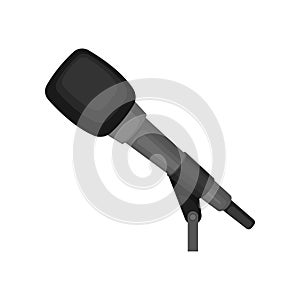 Gray microphone with soft black sponge. Mic on stand. Sound recording equipment. Flat vector icon