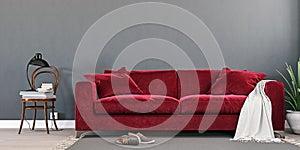 Gray mock up wall with luxury carmine red sofa in modern interior background, living room, Scandinavian style