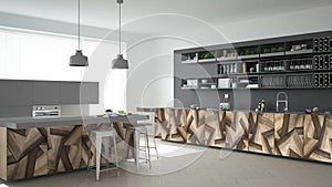 Gray modern minimalistic kitchen, with classic wood fittings, panoramic window, modern interior design