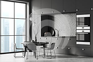 Gray mosaic kitchen interior with table