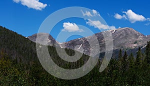 A gray mountain in Colorado against a bright blue sky