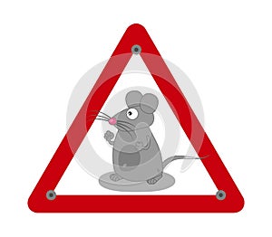 Gray mouse with big mustache in red road sign on white background - vector