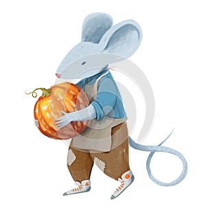 A gray mouse in blue jacket and brawn pants holds the pumpkin