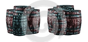 Gray oak barrels and dark brown seth warehouse on white isolated background