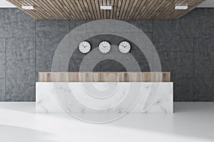 Gray office waiting room, reception, clocks