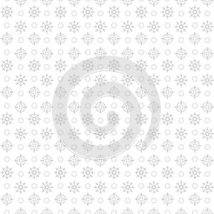 Gray outline light florets icons small compass symbols on white background seamless vector pattern.