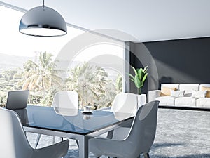 Gray panoramic dining room corner, sofa