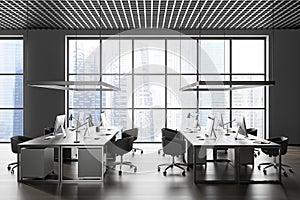 Gray panoramic open space office interior