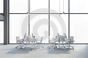 Gray panoramic open space office interior