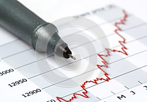 Gray pen on growing share price chart