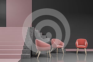 Gray and pink living room with armchairs and stairs