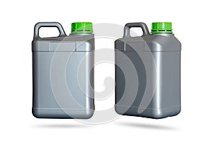 Gray plastic jerrycan with green lid standing sideways and di