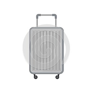 Gray plastic suitcase on wheels. Large traveling bag with telescopic handle. Flat vector design