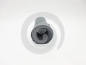 Gray plastic threaded pipe fitting isolated on a clean white background studio shot
