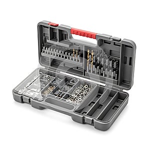 Open tool kit with assorted bits and accessories