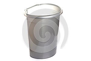 gray plastic trash can on a white isolated background