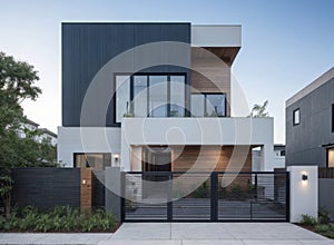 A gray private house of two floors hidden behind a fence with automatic sliding brown gates