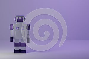 Gray-purple retro square robot with buttons on background 3d illustration