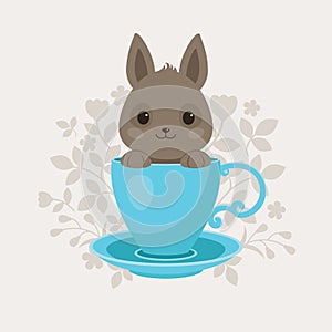 Gray Rabbit in a Blue Tea Cup
