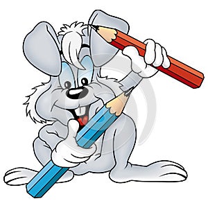 Gray rabbit and crayons