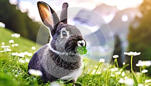 Gray rabbit with a four-leaf clover leaf in the mouth