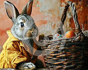 A gray rabbit with a red nose in a yellow frock coat stands near a brown wicker basket with Easter eggs