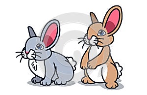 A gray rabbit standing on four legs and a brown rabbit standing on its hind legs.