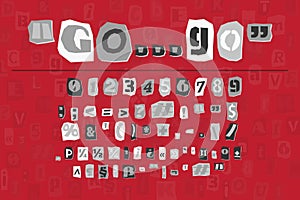 Gray ransom collage style letters numbers and punctuation marks cut from newspapers and magazines. Vintage ABC