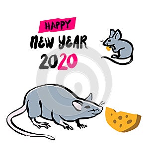 Gray rat with cheese, symbol of chinese happy new year 2020. Chinese Zodiac sign. Vector illustration, isolated on a